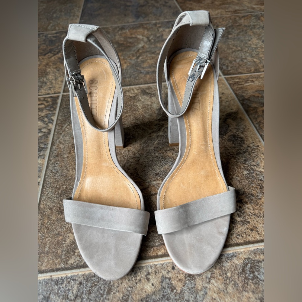 Schutz Block High Heel Ankle Strap Suede Leather Sandals- Gray, Women’s 8B